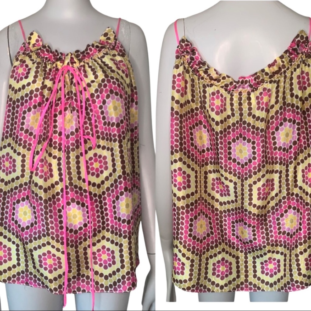 MILLY Vintage Silk Abstract Print Spaghetti Strap Drawstring Top Camisole